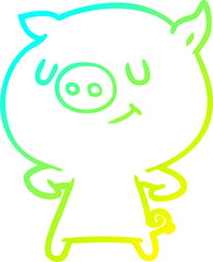 cold gradient line drawing of a happy cartoon pig