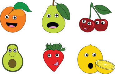 Cute cartoon peach, pear, strawberry, cherries, lemon, avocado. Cartoon fruit and vegetables character set. Funny emoticon in flat style. Food emoji vector illustration