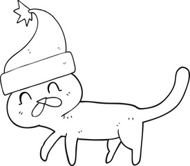 freehand drawn black and white cartoon cat wearing christmas hat
