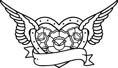 tattoo in black line style of a flying heart with flowers and banner