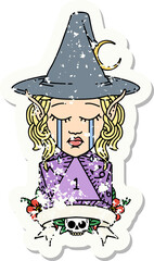 grunge sticker of a crying elf mage character with natural one dice roll