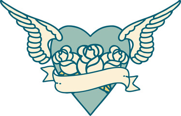 iconic tattoo style image of heart with wings flowers and banner