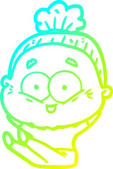 cold gradient line drawing of a cartoon happy old woman