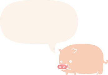cute cartoon pig with speech bubble in retro style