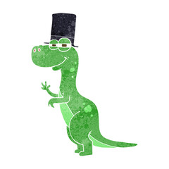 freehand retro cartoon dinosaur wearing top hat