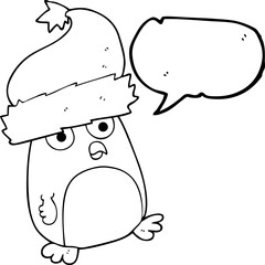 freehand drawn speech bubble cartoon christmas robin wearing christmas hat