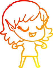 warm gradient line drawing of a happy cartoon elf girl