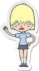 sticker of a cartoon waving woman