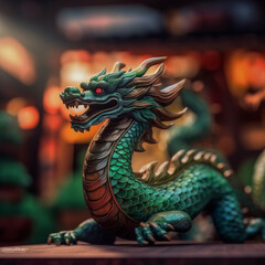 Obraz premium Green wooden Chinese dragon. Symbol of 2024