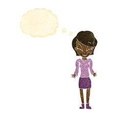cartoon happy woman shrugging shoulders with thought bubble