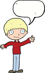 cartoon happy waving boy with speech bubble