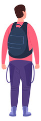 Young man with backpack. Student character rear view