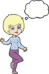 cartoon woman waving with thought bubble