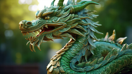 Fototapeta premium Green wooden Chinese dragon. Symbol of 2024