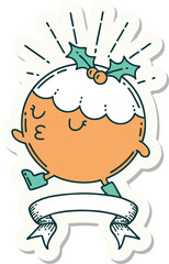 sticker of a tattoo style christmas pudding character walking