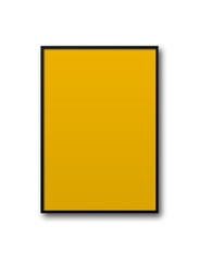 Black picture frame hanging on a transparent background. Empty yellow picture