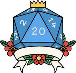 Retro Tattoo Style natural 20 critical hit D20 dice roll