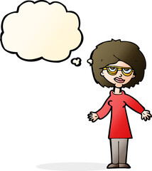 cartoon woman wearing glasses with thought bubble