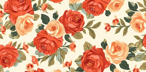 red rose pattern fabric on spoonflower in the style of light beige and orange, fauvist, 20th century scandinavian style, tender depiction of nature, vintage aesthetics, generative ai