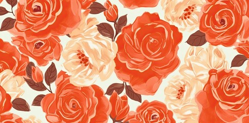 red rose pattern fabric on spoonflower in the style of light beige and orange, fauvist, 20th century scandinavian style, tender depiction of nature, vintage aesthetics, generative ai