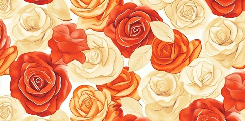 red rose pattern fabric on spoonflower in the style of light beige and orange, fauvist, 20th century scandinavian style, tender depiction of nature, vintage aesthetics, generative ai