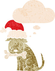 cute christmas dog with thought bubble in grunge distressed retro textured style