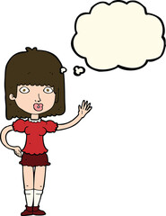 cartoon woman waving with thought bubble