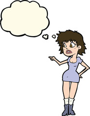 cartoon worried woman in dress pointing with thought bubble