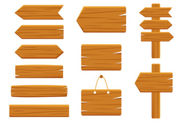 Set of cartoon wooden directional and signs. Vector illustration isolated on white background