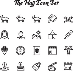 The Hajj icons set - Eid Al Adha including mosque, Muslim icons, religious items, mecca, Kaaba, prayer, Hajj process and prayers