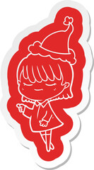 quirky cartoon  sticker of a woman wearing santa hat