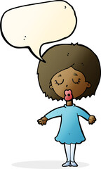 cartoon woman in dress with speech bubble