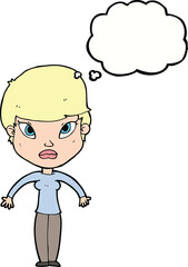 cartoon woman shrugging shoulders with thought bubble