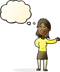 cartoon woman gesturing to show something with thought bubble