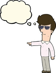 cartoon man in glasses pointing with thought bubble