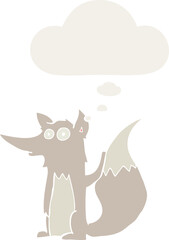 cartoon wolf with thought bubble in retro style