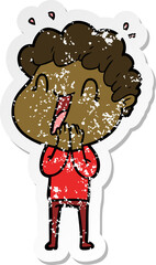 distressed sticker of a cartoon happy man