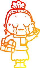 warm gradient line drawing of a cartoon crying old lady