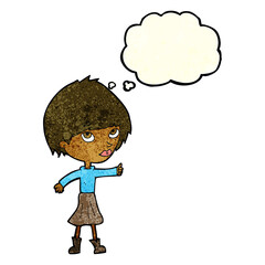 cartoon woman giving thumbs up symbol with thought bubble