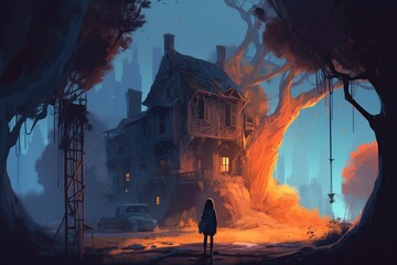 illustration, girl looking at the glowing tree formed by the ruins, ai generative