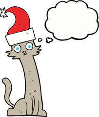 freehand drawn thought bubble cartoon cat in christmas hat