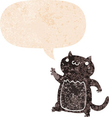 cartoon cat with speech bubble in grunge distressed retro textured style