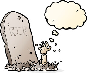 cartoon zombie rising from grave with thought bubble