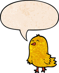 cartoon bird with speech bubble in retro texture style
