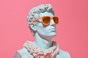 Ancient head sculpture wearing summer sunglasses. Generative ai