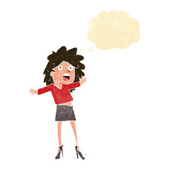 cartoon woman having trouble walking in heels with thought bubble