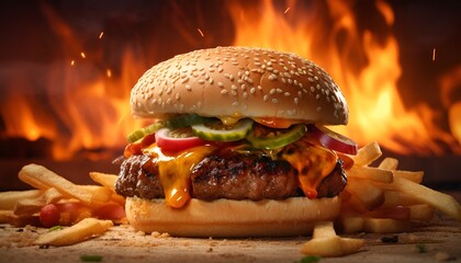 Juicy fresh flame-grilled burger, sesame seed bun with flaming background