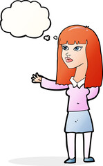 cartoon woman gesturing to show something with thought bubble