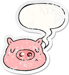cartoon pig face with speech bubble distressed distressed old sticker