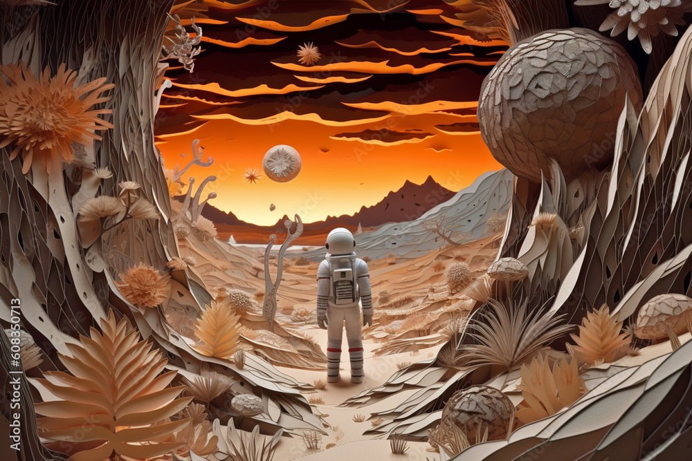Aufkleber an intricate paper-cut scene of an astronaut exploring a distant alien planet, with imaginative cuto